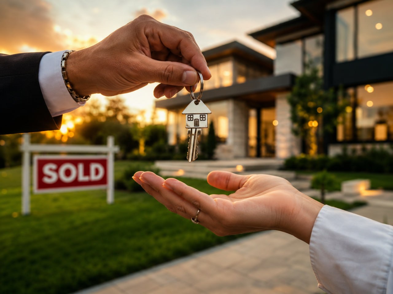 House keys handoff with SOLD sign