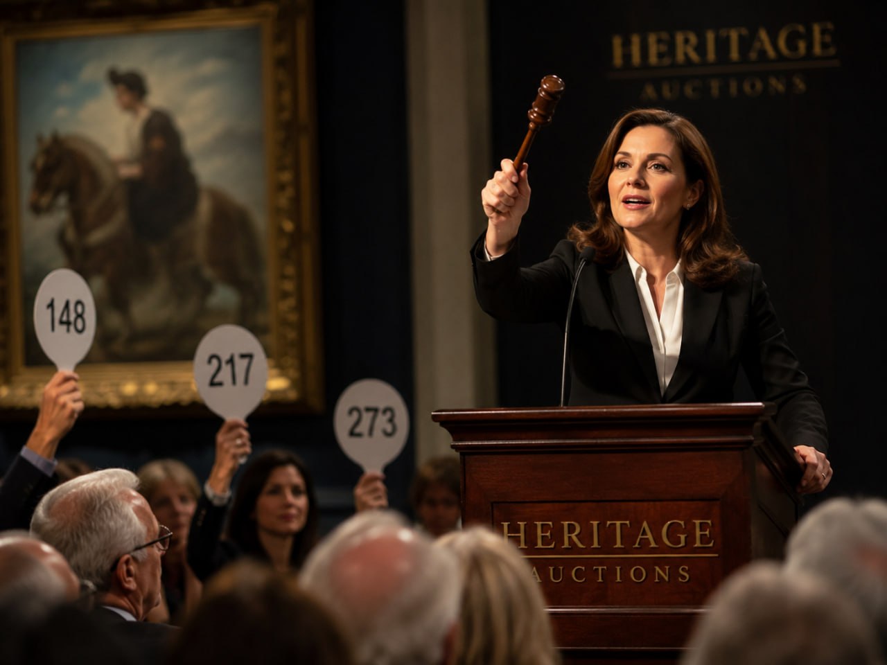 Heritage Auctions scene with woman holding gavel