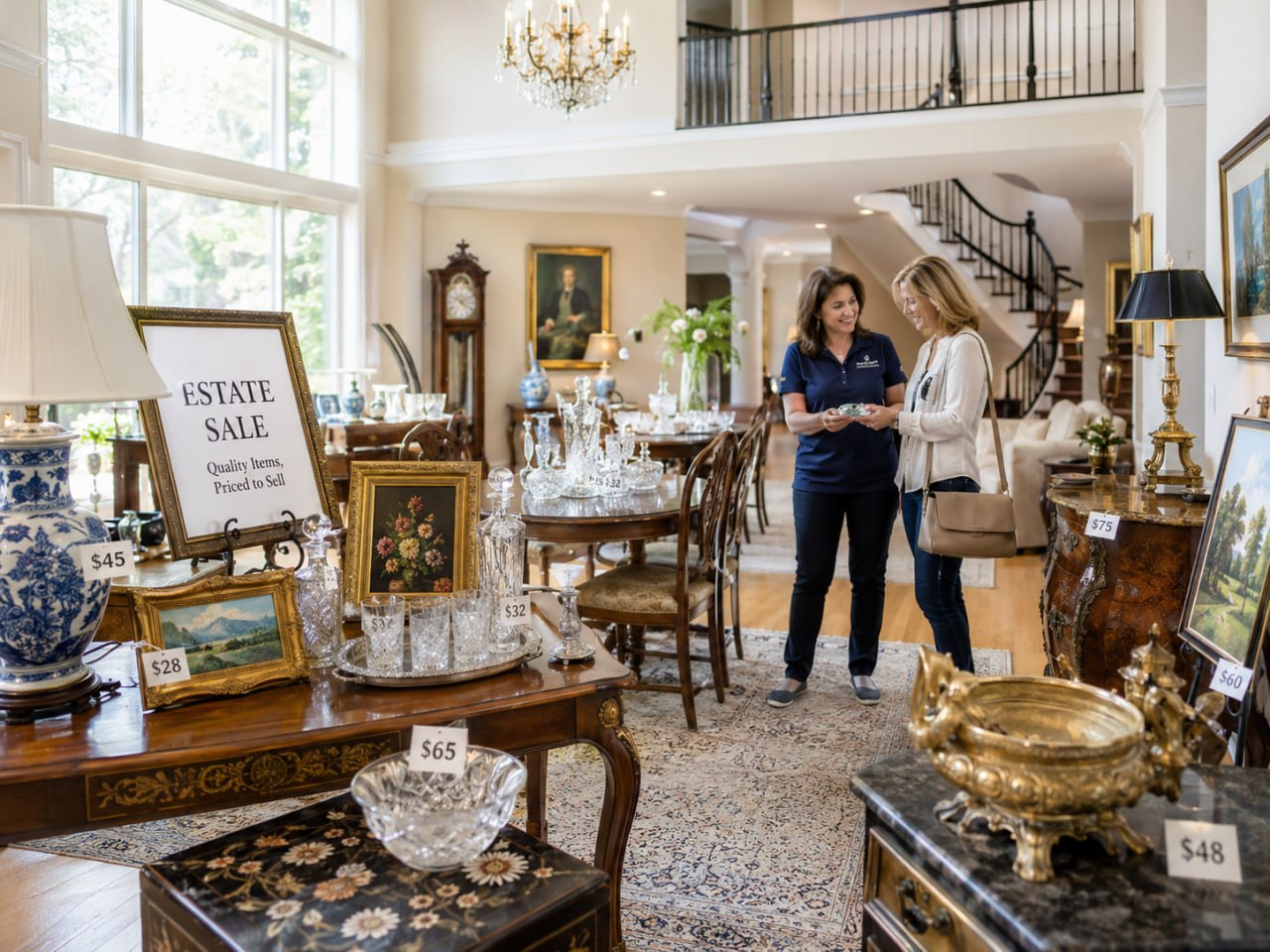 Estate sale interior with two women browsing items